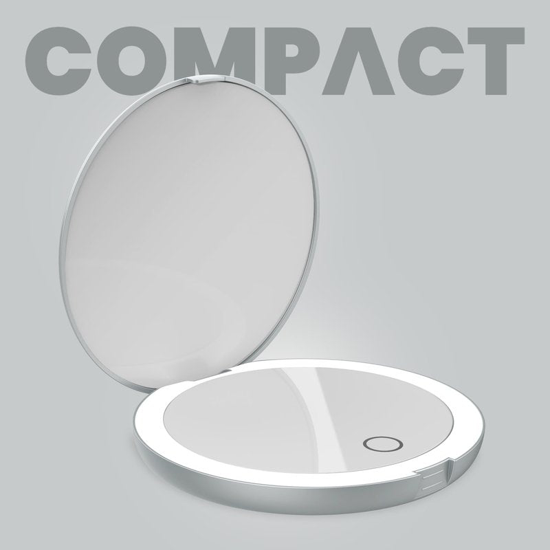 LUNA London Compact Travel Mirror | Travel Makeup Mirror with Light | LED Lighted Vanity Mirror with 3 Light Modes | 7X Magnification Folding Portable & Rechargeable (Chalk Grey)