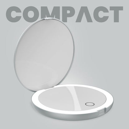 LUNA London Compact Travel Mirror | Travel Makeup Mirror with Light | LED Lighted Vanity Mirror with 3 Light Modes | 7X Magnification Folding Portable & Rechargeable (Chalk Grey)