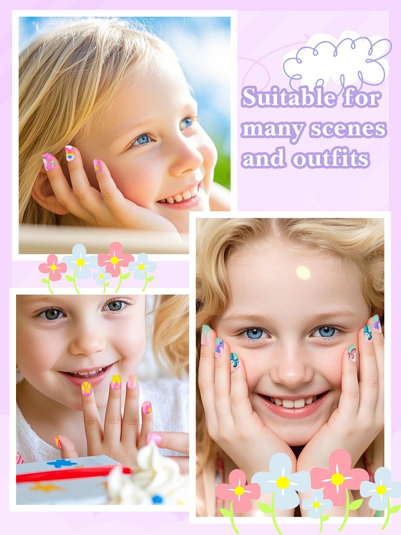 168 Pieces Press on Nails for Kids, EBANKU 7 Pack Kid Fake Nail Kit Candy Butterfly Press on Nails for Girls 6-12 Years with Nail Glue for Christmas Party