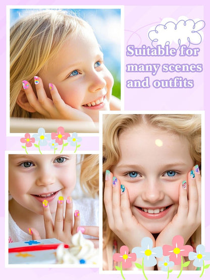 168 Pieces Press on Nails for Kids, EBANKU 7 Pack Kid Fake Nail Kit Candy Butterfly Press on Nails for Girls 6-12 Years with Nail Glue for Christmas Party