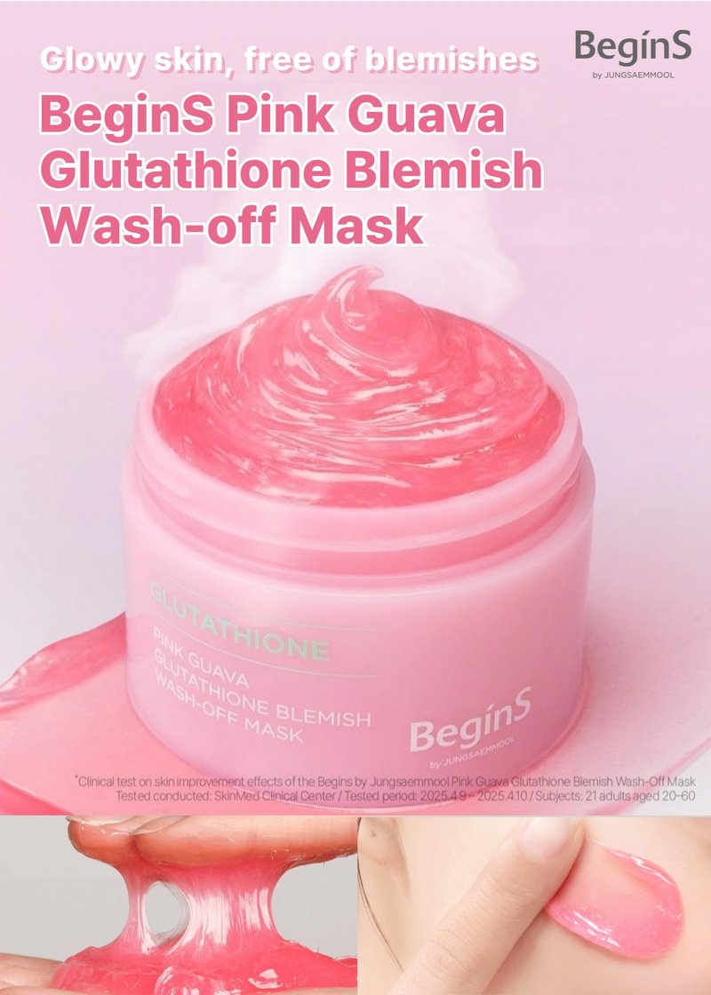 BeginS by JUNGSAEMMOOL Pink Guava Glutathione Wash-Off Mask 3.17 Fl Oz, Jelly Texture Face Mask with Vitamin C and Niacinamide for Skin Hydration, Blemish Care, and Radiant Glow, Korean Skincare