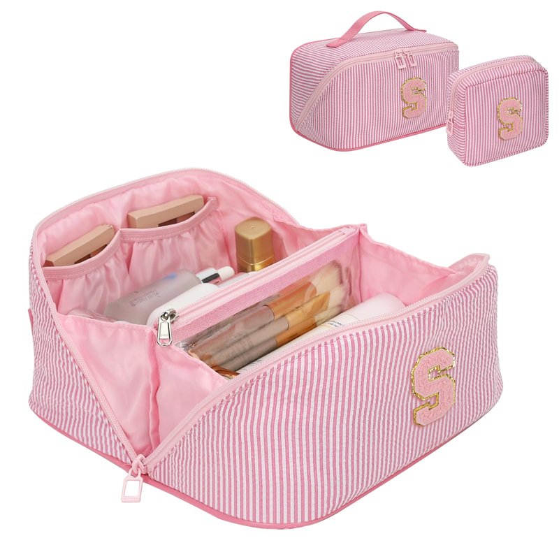 2026 Graduation Gifts - Travel Makeup Bag for Women, 2Pcs Portable Personalized Initial Makeup Organizer Bag, Open Flat Large Cosmetic Bag With Travel Essential Pouch (Pink Letter S)