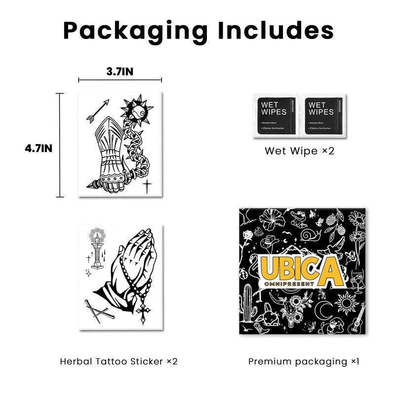 UBICA Semi Permanent Tattoos, 2 Sheets Realistic Temporary Tattoos for Men, Fake Tattoos for Hand Arm Wrists, Waterproof, No Reflective, Lasts 1-2 Weeks (Cross Praying & Power Glove Chain Designs)