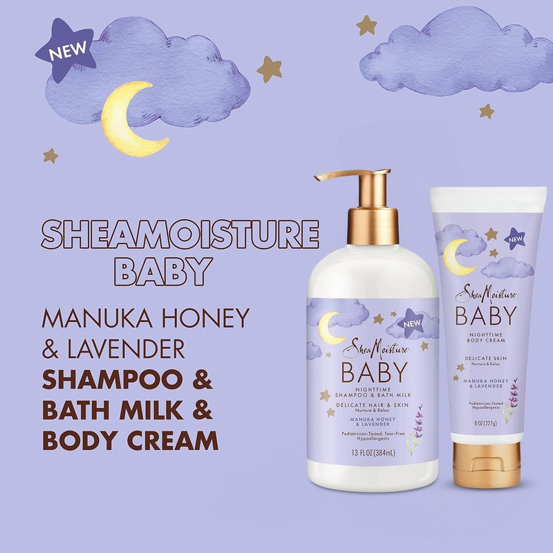Shea Moisture Baby Care Set – Relaxing Nighttime Shampoo & Bath Milk + Body Cream for Delicate Skin, Manuka Honey & Lavender (2 Piece Set)