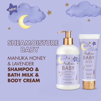 Shea Moisture Baby Care Set – Relaxing Nighttime Shampoo & Bath Milk + Body Cream for Delicate Skin, Manuka Honey & Lavender (2 Piece Set)
