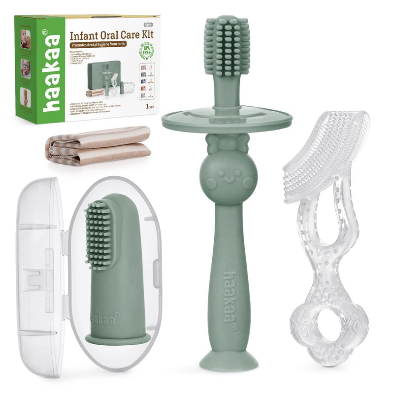 haakaa Training Toothbrush Set Oral Care Kit, Soft Silicone Toothbrush for Baby, Infants, Toddlers & Kids, Pea Green