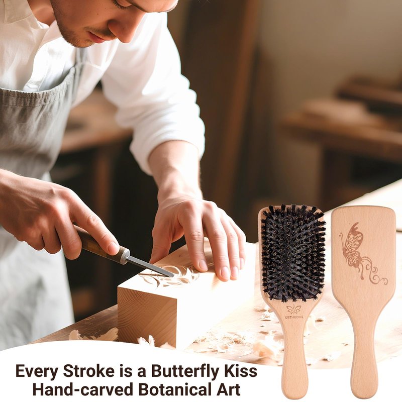 URTHEONE Pure Boar Bristle Hair Brush Set with Wide-Tooth Comb,Natural Beechwood Detangling Kit for Shine & Frizz Control,Gift for Women & Men