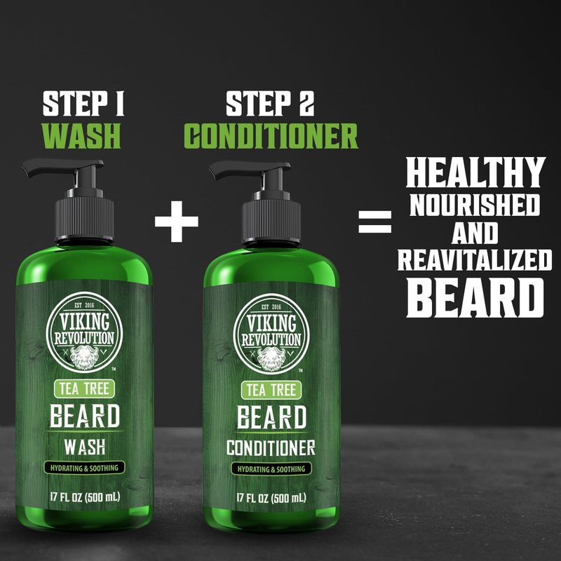 Viking Revolution Tea Tree Beard Wash for Men with Argan Oil and Ginseng Root Extract - Beard Softener and Strengthener Beard Shampoo with Olive Oil Beard Care to avoid Beard Dandruff and Itch (17oz)