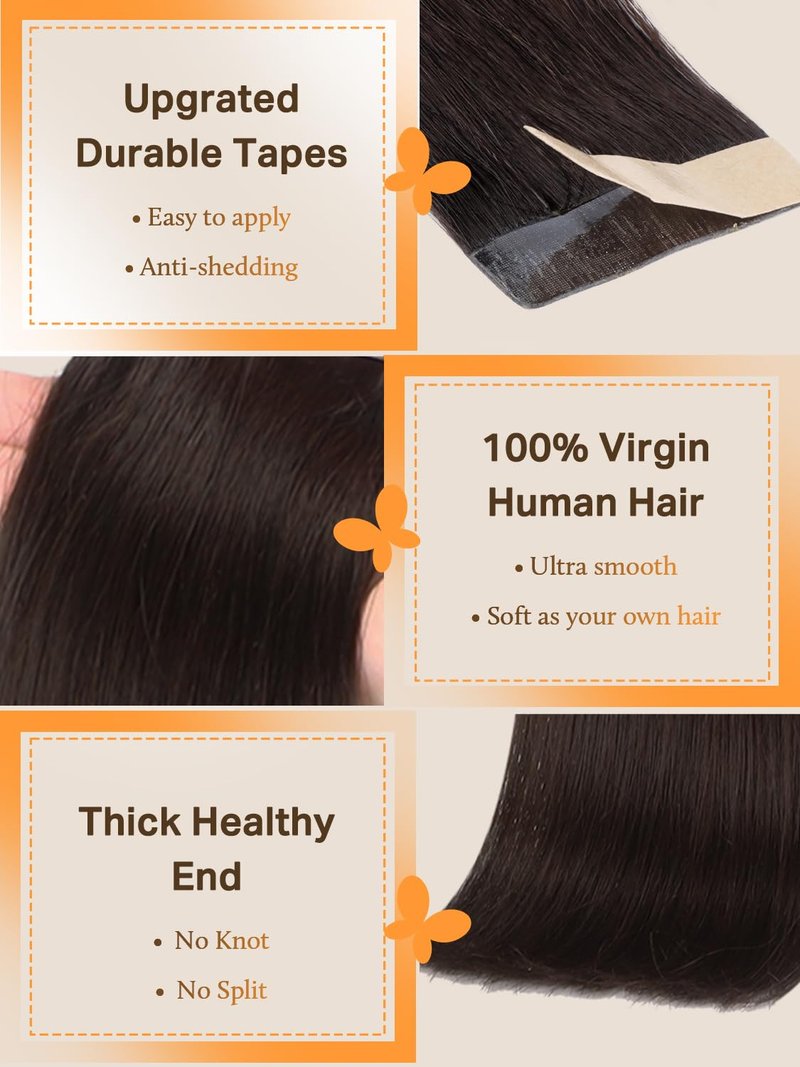 DOORES Tape in Hair Extensions Human Hair, 22 Inch 50g 20pcs Dark Brown, For Everyday Wear, Skin Weft Seamless Real Remy Straight Tape ins For Fine Thin Add Volume