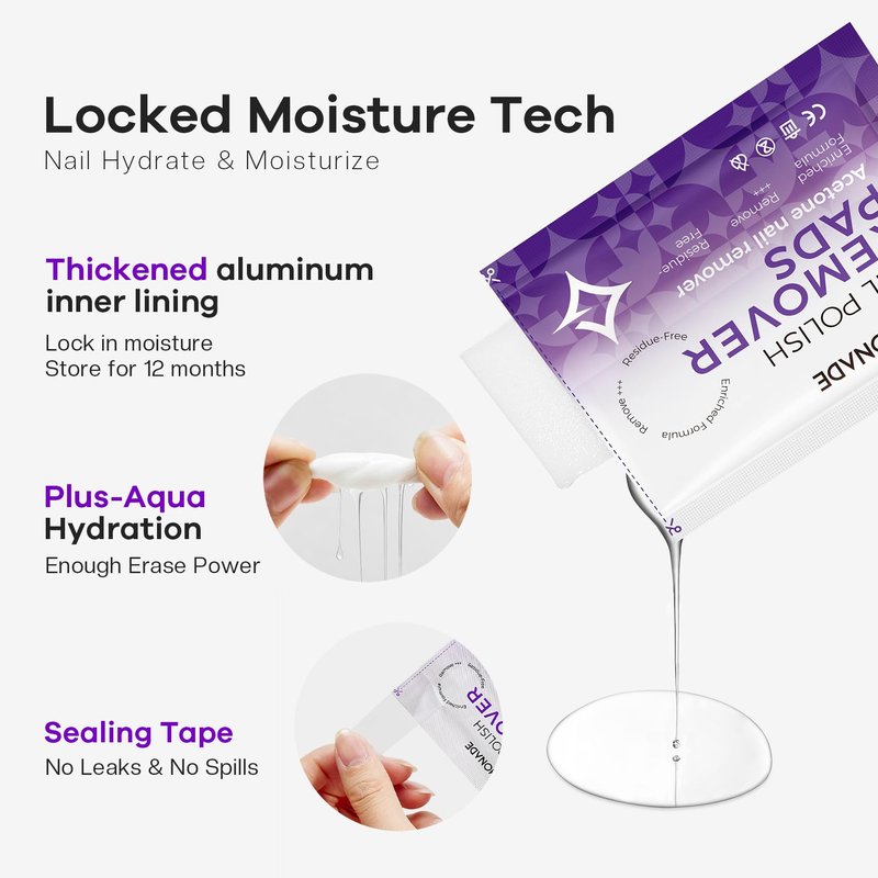 Glamonade Nail Polish Remover Pads: 50 Pack Bulk Set Acetone Nail Polish Remover Wipes Individually Wrapped - Rapidly Remove Gel Polish & Fingernail Polish Travel Kit for Home & Salon