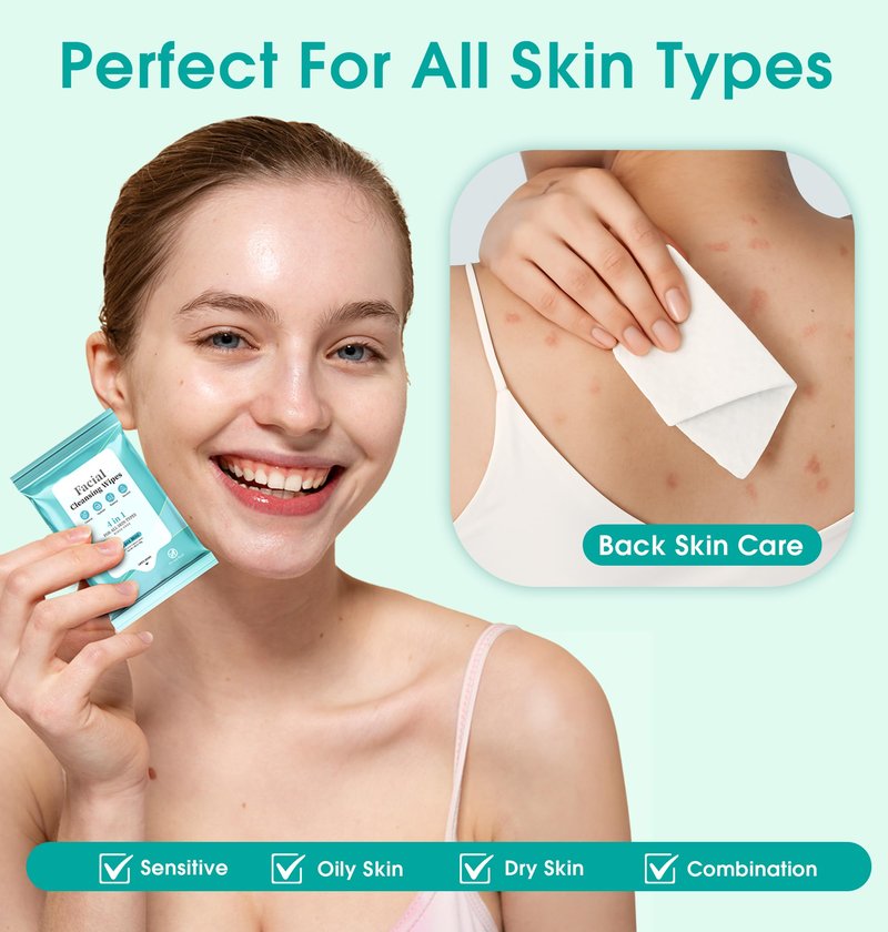 Facial Cleansing Wipes, Green Tea Oil Extract for Face Cleansing, Salicylic Acid for Acne Treatment, Hydrating Pore Care for Sensitive Skin, Exfoliating & Soothing Double-Sided Cleansing Wipes