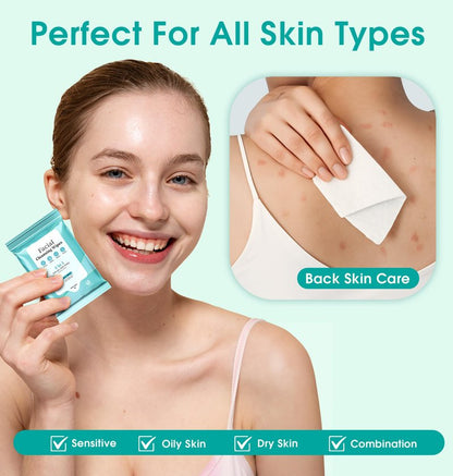 Facial Cleansing Wipes, Green Tea Oil Extract for Face Cleansing, Salicylic Acid for Acne Treatment, Hydrating Pore Care for Sensitive Skin, Exfoliating & Soothing Double-Sided Cleansing Wipes