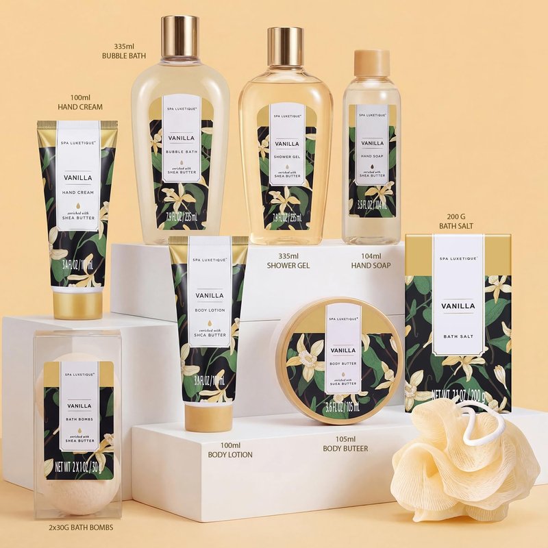 Spa Luxetique Spa Gift Baskets for Women - Vanilla Bath Set with Bubble Bath, Body Lotion Gift Set, Vanilla Spa Set, Birthday Woman Gifts, Mothers Day Gifts for Mom