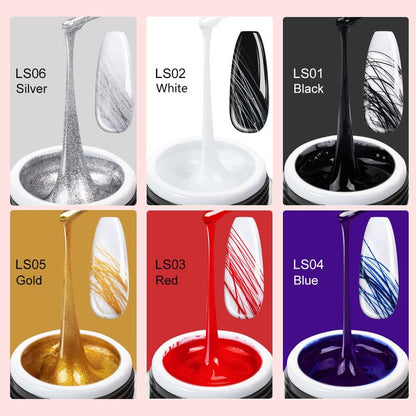 SAVILAND 6 Colors Spider Gel, New Upgraded Matrices Spider Gel with Nail Art Brushes, Nail Designs Paint Wire Drawing Gels Polish for Line (White Black Red Blue Gold Silver)