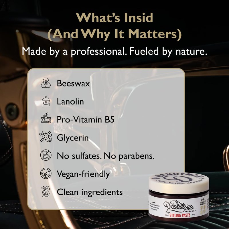 DandyMen Hair Styling Paste for Men | Medium Hold | Flexible Control & Natural Shine | Beeswax with Pro-Vitamin B5 | Tobacco Vanilla Scent | 3.4 oz, 1-Pack