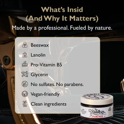 DandyMen Hair Styling Paste for Men | Medium Hold | Flexible Control & Natural Shine | Beeswax with Pro-Vitamin B5 | Tobacco Vanilla Scent | 3.4 oz, 1-Pack