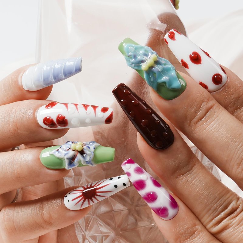 Tesytto Long Coffin Press On Nails with 3D Floral Design - Summer Multicolor Thick Luxury False Nails Reusable Acrylic Nails (Summer Stories,L)