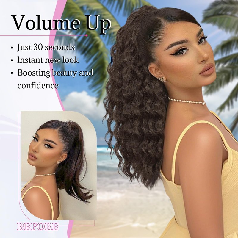 Isaic Culy Ponytail Extension 16 Inch Natural Black Drawstring Ponytail Extension for Women Fluffy Natural Looking Synthetic Hairpiece Long wavy Pony Tails Hair extensions for Daily Use