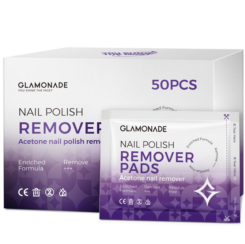 Glamonade Nail Polish Remover Pads: 50 Pack Bulk Set Acetone Nail Polish Remover Wipes Individually Wrapped - Rapidly Remove Gel Polish & Fingernail Polish Travel Kit for Home & Salon