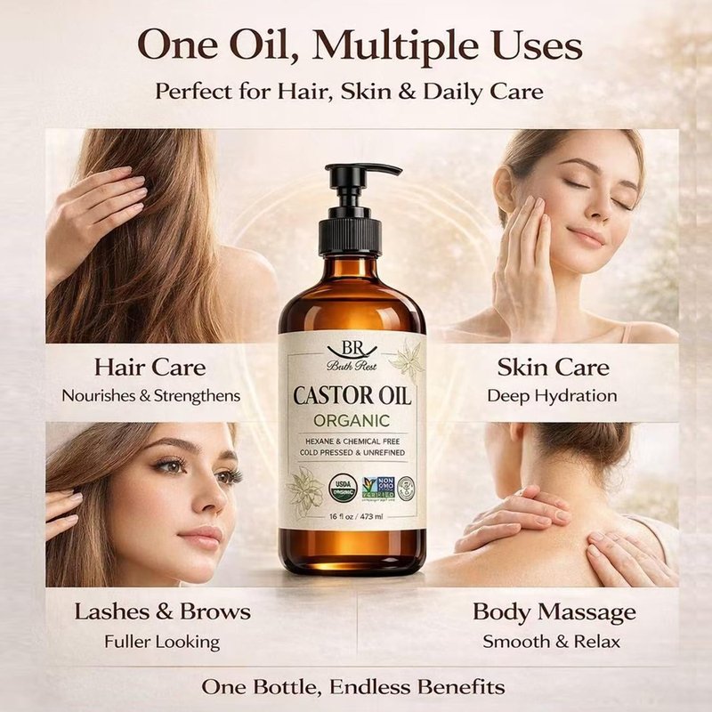 Bathrest Castor Oil Organic Cold Pressed Unrefined Glass Bottle 100% Pure for Hair Growth Eyelashes Brows Castor Oil Packs, Natural Skin Moisturizer, USDA Certified Hexane Free Vegan 16 oz (473ml)