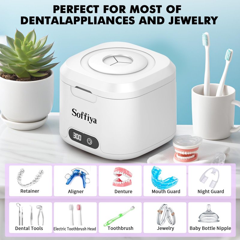 Dental Ultrasonic Retainer Cleaner Machine: Soffiya 49kHz Denture Cleaner with 350ML for Cleaning Dentures, Mouth Guards, Aligner, Braces, Toothbrush Head & Jewelry - UV Cleaner with 4 Digital Timers