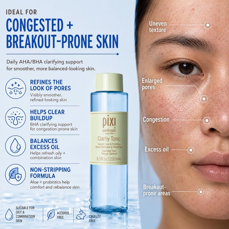 Pixi Beauty Clarity Tonic, AHA & BHA Toner | Minimize Pores, Promote A Clearer, Healthier Complexion, 250 ml