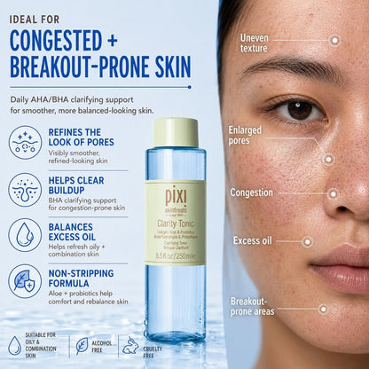 Pixi Beauty Clarity Tonic, AHA & BHA Toner | Minimize Pores, Promote A Clearer, Healthier Complexion, 250 ml