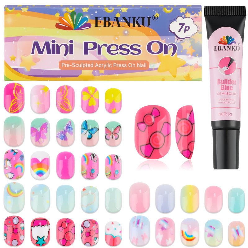 168 Pieces Press on Nails for Kids, EBANKU 7 Pack Kid Fake Nail Kit Candy Butterfly Press on Nails for Girls 6-12 Years with Nail Glue for Christmas Party