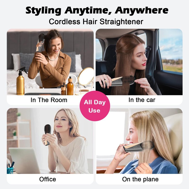 Go Brush Pro Cordless Hair Straightener Brush - Portable Travel-Friendly, 30s Quick Heat, 10000mAh USB-C Rechargeable, 150M Negative Ions (Strai-Grey)