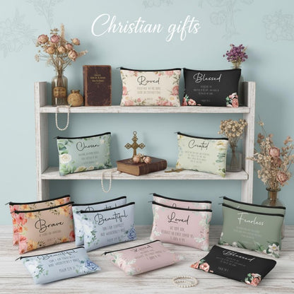 Jetec 30 Pcs Christian Gift for Women Bulk Religious Cosmetic Bags Christmas Inspirational Bible Verse Pencil Pouch Makeup Bags with Zipper for Travel Women Mother Church Favors(Brave,Morandi Style)
