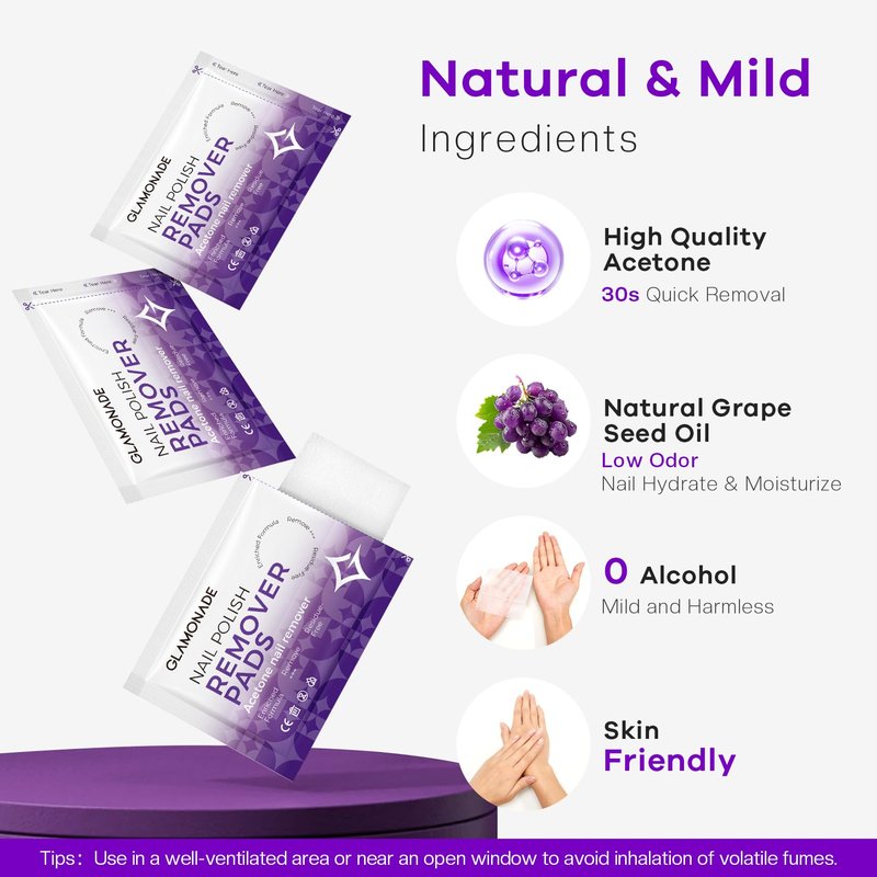 Glamonade Nail Polish Remover Pads: 50 Pack Bulk Set Acetone Nail Polish Remover Wipes Individually Wrapped - Rapidly Remove Gel Polish & Fingernail Polish Travel Kit for Home & Salon