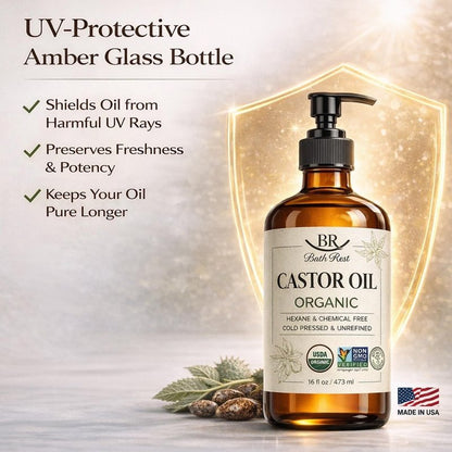 Bathrest Castor Oil Organic Cold Pressed Unrefined Glass Bottle 100% Pure for Hair Growth Eyelashes Brows Castor Oil Packs, Natural Skin Moisturizer, USDA Certified Hexane Free Vegan 16 oz (473ml)
