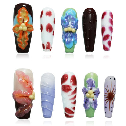 Tesytto Long Coffin Press On Nails with 3D Floral Design - Summer Multicolor Thick Luxury False Nails Reusable Acrylic Nails (Summer Stories,L)
