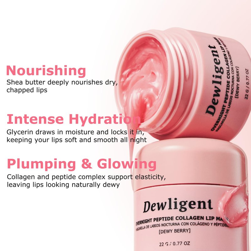 Dewligent Overnight Peptide Collagen Lip Mask - Korean Sleeping Lip Mask, Peptide, Collagen, Moisturizing, Nourishing Treatment for Dry Flaky Lips (22g/0.77oz)