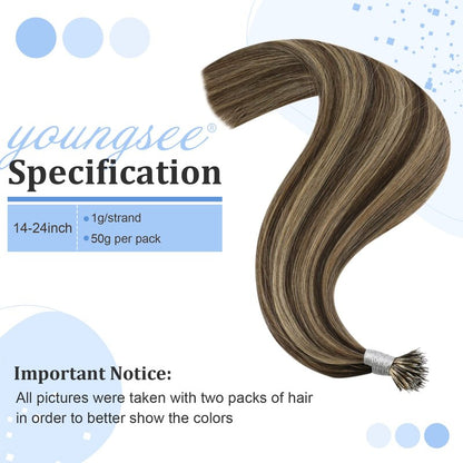 YoungSee 20in Nano Bead Hair Extensions Dark Brown Highlight Caramel Blonde Nano Hair Extensions Brown Human Hair Nanolink Hair Extension Cold Fusion Nanoring Natural Hair 50 Strands 50g for Wedding