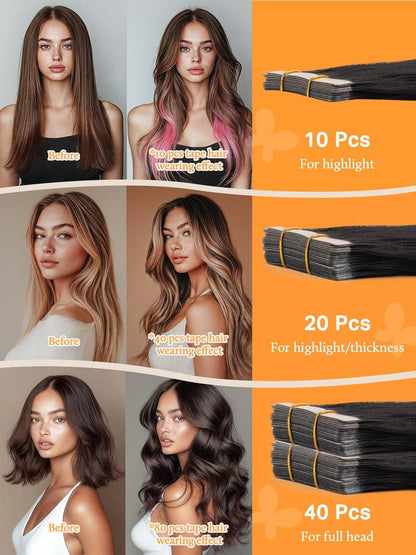 DOORES Tape in Hair Extensions Human Hair, 22 Inch 50g 20pcs Dark Brown, For Everyday Wear, Skin Weft Seamless Real Remy Straight Tape ins For Fine Thin Add Volume