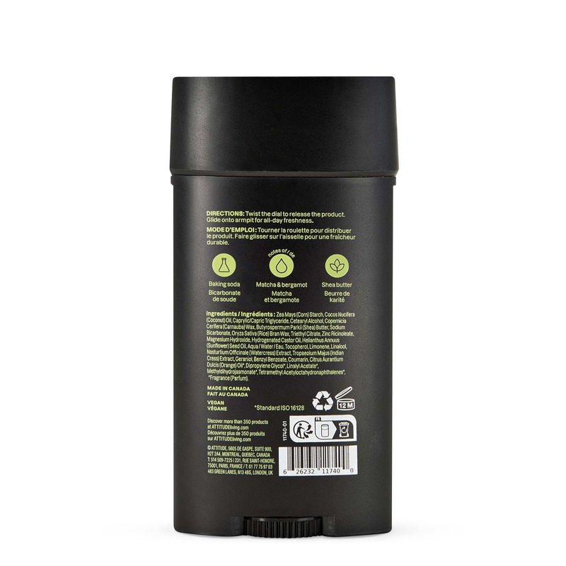 ATTITUDE Aluminum-Free Deodorant for Men, 95% Natural Origin Ingredients, EWG Verified, Plant Based Odor Control, With Baking Soda, Matcha & Bergamot, 2.64 Oz
