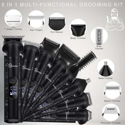 Hatteker 8-in-1 Mens Grooming Kit - Zero-Gap T-Blade Trimmer, IPX7 Waterproof Cordless Set with Hair Clipper/Beard Trimmer/Nose Trimmer, USB Rechargeable (1.5H Charge 180M Use) for Home & Travel