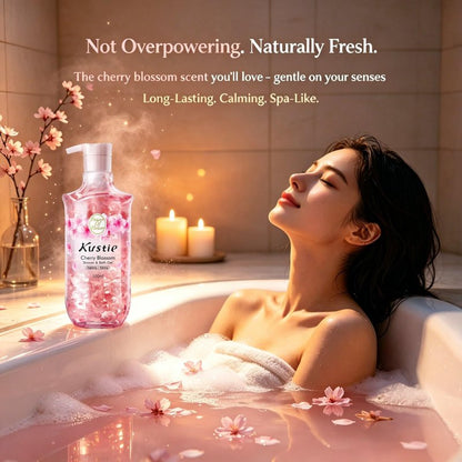 Kustie Cherry Blossom Body Wash for Women | Brightening Hydrating Shower Gel with Real Flower Petals, Niacinamide & Hyaluronic Acid | Light Natural Scent for Daily Use | Sulfate Free, 16.9 fl oz