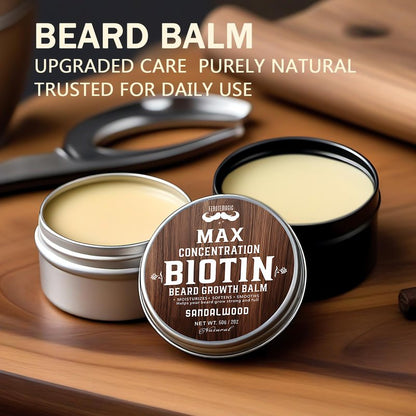 FEBOTE 2 Pack Biotin Beard Balm Set for Men – Natural & Sandalwood Butters – Non-Itchy, Moisturize, Strengthen & Shape Beards – Grooming Gift Set for Father's Day, Anniversaries, Christmas