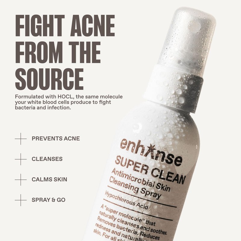 ENHANSE Super Clean, Hypochlorous Acid Spray, Helps Heal Acne Prone, Eczema, & Itchy Rashes, No Rinse Cleaner for Back Acne, Use Post Workout, Post Shave or Travel, Skin Care for Men, 100 mL
