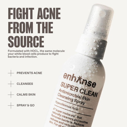 ENHANSE Super Clean, Hypochlorous Acid Spray, Helps Heal Acne Prone, Eczema, & Itchy Rashes, No Rinse Cleaner for Back Acne, Use Post Workout, Post Shave or Travel, Skin Care for Men, 100 mL