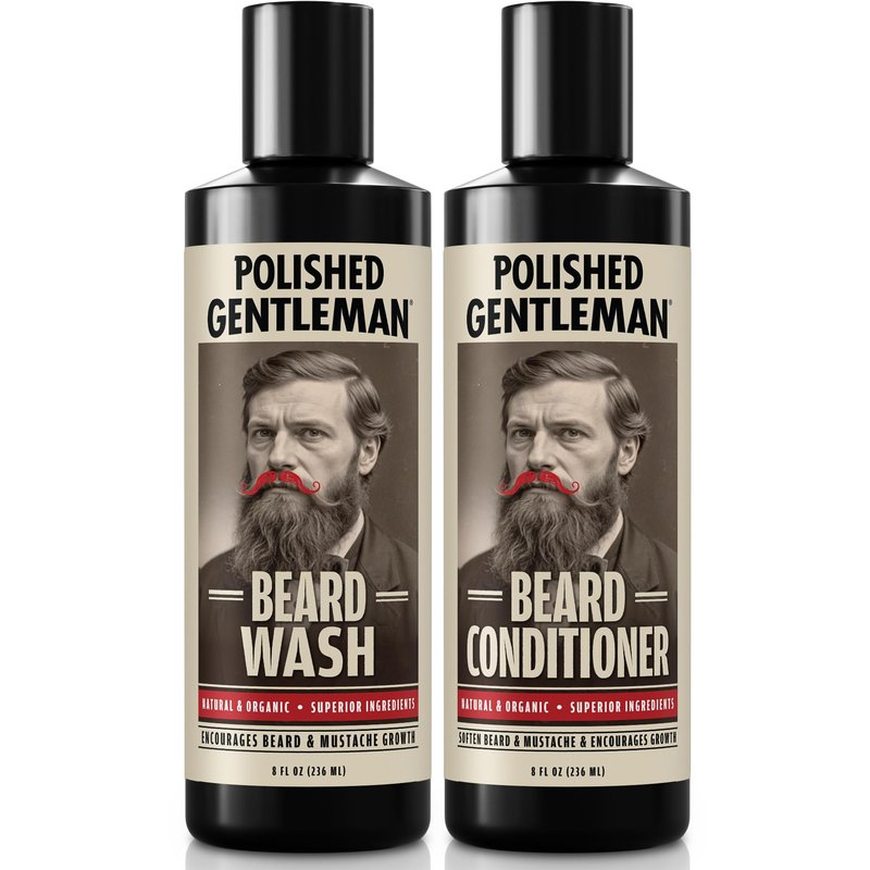 Polished Gentleman Beard Shampoo and Conditioner Set - Refreshing Beard Moisturizer & Mustache Softener - Beard Thickener with Tea Tree & Growth Oil - Paraben-Free & Sulfate-Free - Made by USA (8oz)