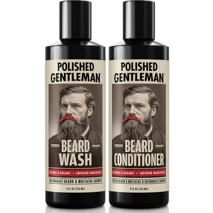 Polished Gentleman Beard Shampoo and Conditioner Set - Refreshing Beard Moisturizer & Mustache Softener - Beard Thickener with Tea Tree & Growth Oil - Paraben-Free & Sulfate-Free - Made by USA (8oz)