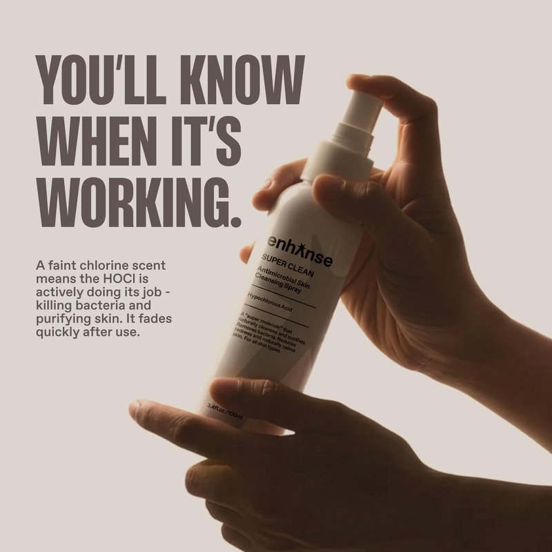 ENHANSE Super Clean, Hypochlorous Acid Spray, Helps Heal Acne Prone, Eczema, & Itchy Rashes, No Rinse Cleaner for Back Acne, Use Post Workout, Post Shave or Travel, Skin Care for Men, 100 mL