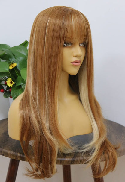 MSMYRNS Ginger Brown Synthetic Wig With Bangs Blonde 613 Highlights Mixed Natural Wave Heat Resistant Fibers Lolita Cosplay Wigs For Girls Woman Daily Use Hair Replacement Unit Glueless No Lace Wig