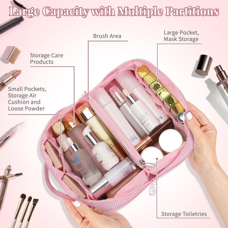 2026 Graduation Gifts - Travel Makeup Bag for Women, 2Pcs Portable Personalized Initial Makeup Organizer Bag, Open Flat Large Cosmetic Bag With Travel Essential Pouch (Pink Letter S)