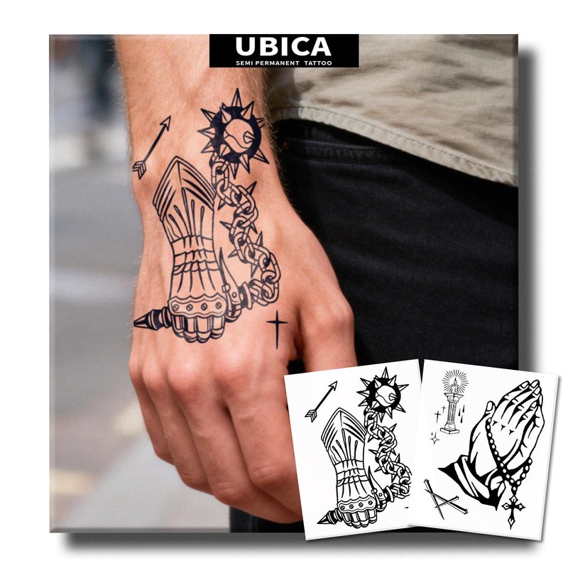 UBICA Semi Permanent Tattoos, 2 Sheets Realistic Temporary Tattoos for Men, Fake Tattoos for Hand Arm Wrists, Waterproof, No Reflective, Lasts 1-2 Weeks (Cross Praying & Power Glove Chain Designs)