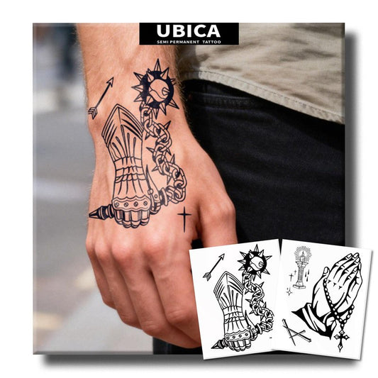 UBICA Semi Permanent Tattoos, 2 Sheets Realistic Temporary Tattoos for Men, Fake Tattoos for Hand Arm Wrists, Waterproof, No Reflective, Lasts 1-2 Weeks (Cross Praying & Power Glove Chain Designs)