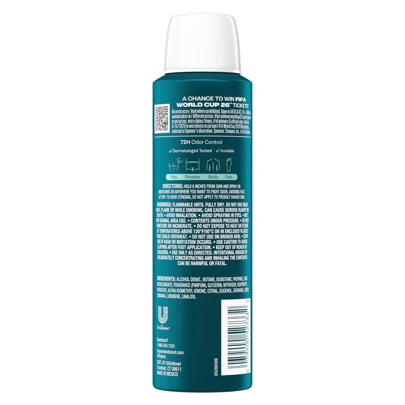 Degree Men Whole Body Deodorant Spray Ocean Chill Scent, Aluminum Free 72H Odor Protection 2.9 FO